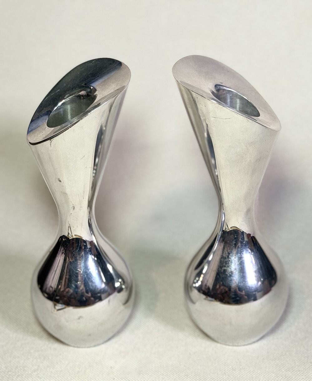 Nambe 6282 Karim Rashid Metal Tulip Candlestick Holders Bud Vases Pair 6"